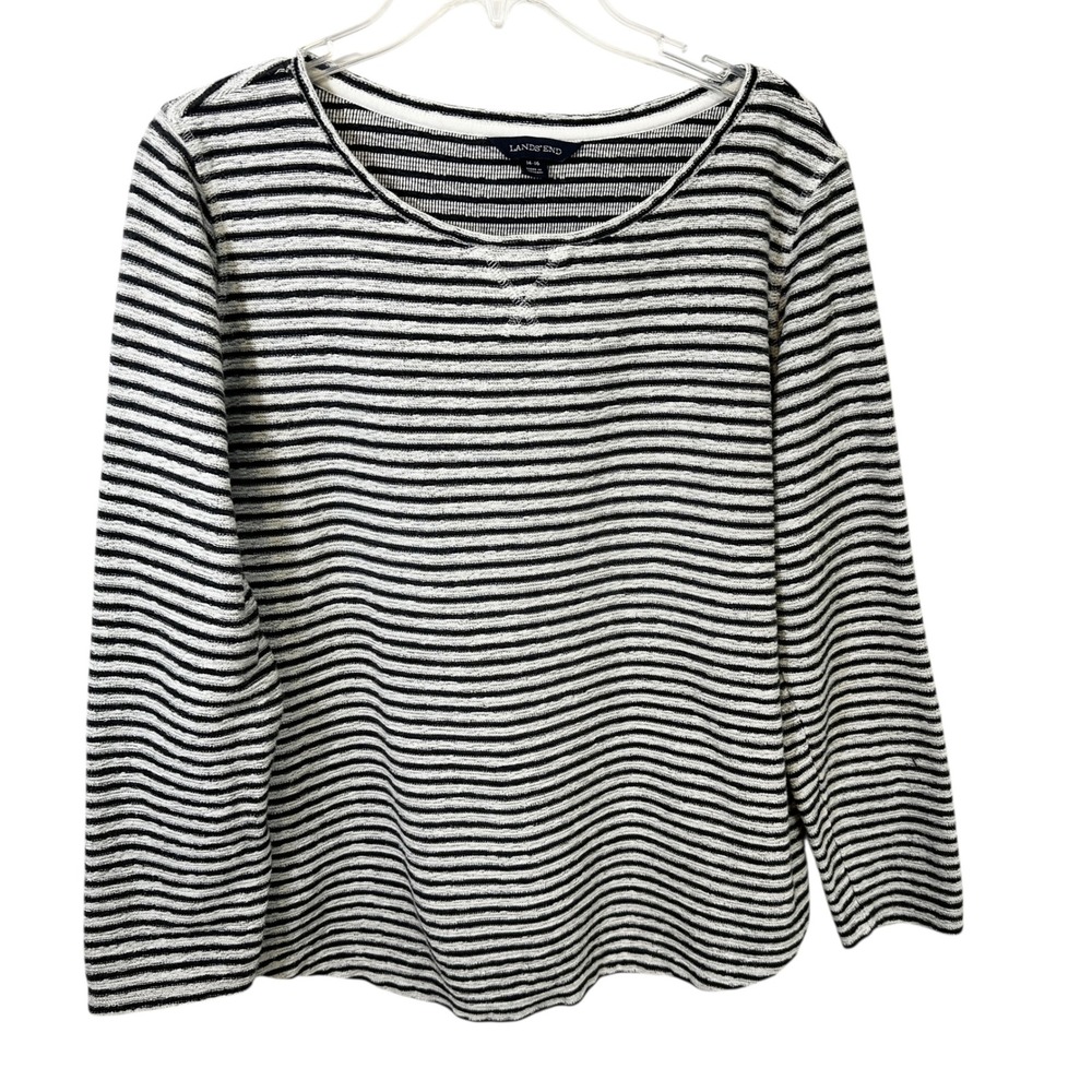 Lands End Large Top Black White Striped Long Sleeve Cotton Sweater Nautical 1812 - Picture 1 of 9